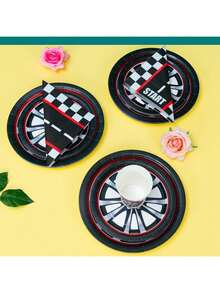 赛车轮毂图案一次性餐盘、餐巾纸和纸杯，汽车主题，适合派对使用，可供25位客人使用。一次性纸盘和餐具套装是生日、婚礼、派对和家庭野餐的理想之选。 - 彩色 - 查看 4