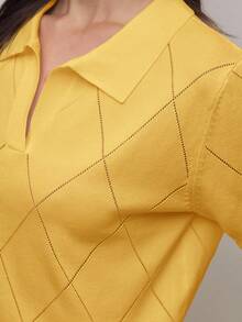 BizChic Suéter de mujer de malla de diamante con cuello polo amarillo, hecho de hilo sedoso antipelusas, adecuado para múltiples ocasiones: oficina, formal, elegante, urbano, casual, romántico, Y2K, retro de los 90, fiesta, graduación, invitado de boda, dama de honor, anfitriona, salida, social, cita, fiesta, concierto, ceremonia de graduación, brunch, aeropuerto - Amarillo - Ver 7
