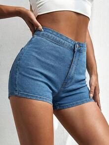 SHEIN ICON Summer High Waist Skinny Denim Shorts - Light Wash - View 3