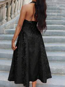 Mima John Váy suông cổ chữ V in hoa 3D cổ điển không tay bồng bềnh dành cho nữ - màu đen - Xem 2