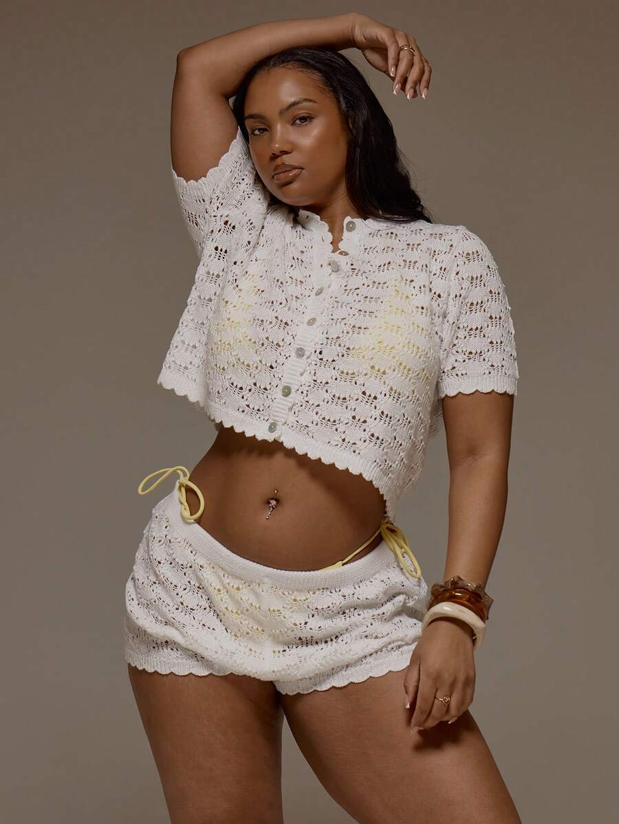 MUSERA Plus Size Crochet Patterned Knit Top And Shorts Set Co-Ord Spring Summer Vacation Beach Holiday Cover Up Cute - White - View 1