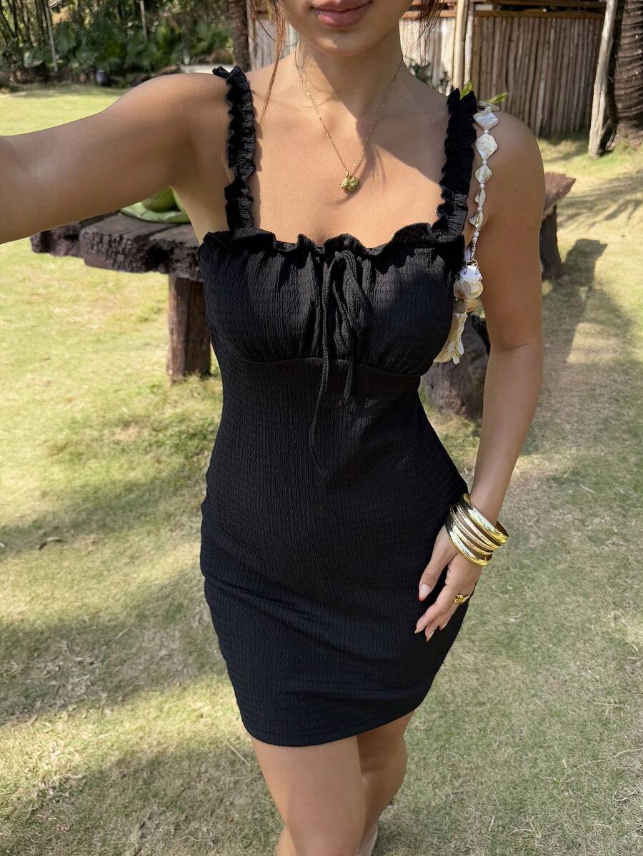 SHEIN VCAY Frill Trim Knot Front Cami Bodycon Dress - Black - View 1