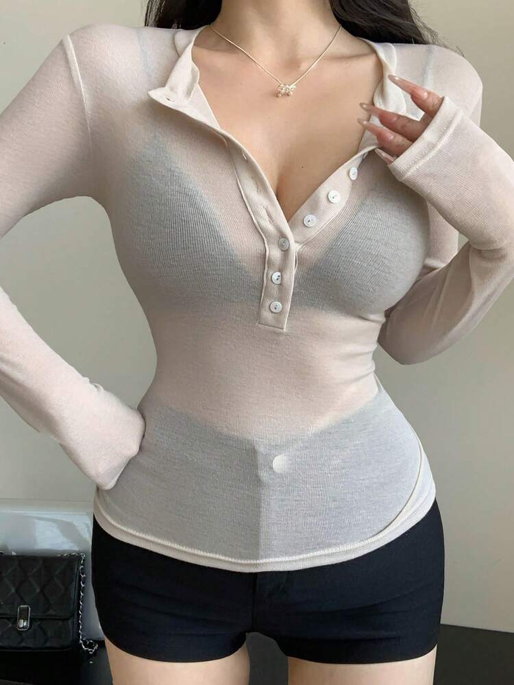 Women's Casual Versatile Solid Color Half-Button Long Sleeve T-Shirt