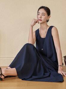 Dazy-Less 女款純色圓領長版休閒度假約會旅行長洋裝 陽光裙 商務休閒女裝 - 藏蓝色 - 查看 8