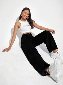 SHEIN EZwear 大码休闲水洗高腰直筒牛仔裤 - 黑色 - 查看 5