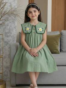 SHEIN Tween Girls/Tween Girl Girls Pastoral Floral Embroidered Pattern Ruffle Collar Puff Sleeve Dress,Versatile Round Neck Trim Contrast Color - Green - View 3