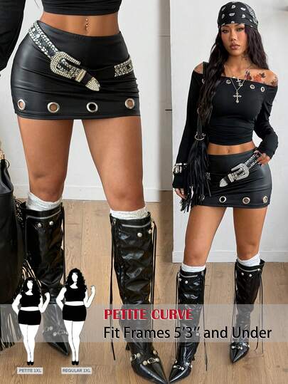 SHEIN PETITE CURVE Plus Size Women's Chicken Eye Decor Fashionable Versatile Date Night/Outing Mini Skirt