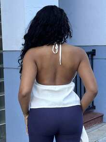 Alexandranx 女士夏季休闲 V 领露背纹理面料白色背心，适合派对、节日、约会、情人节、下午茶 - 白色 - 查看 2