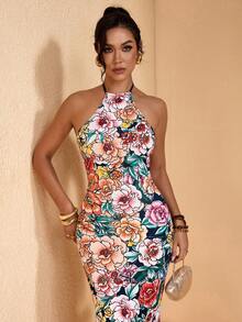 JIAN LASALA Multi Floral Print Halter Neck Tie Backless Women Summer Long Dress Vacation Casual Elegant - Multicolor - View 7