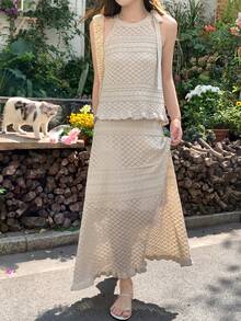 DAZY 女士圆领蝴蝶结针织上衣和半裙两件套，韩版 - 杏色 - 查看 6