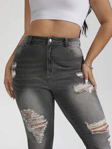 SHEIN Tall CURVE 2026夏季大码女装休闲夏季度假装扮，Y2K街头风纯色做旧磨边破洞黑色紧身牛仔裤 - 灰色 - 查看 6