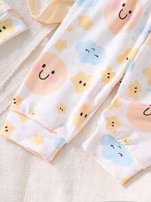 新生儿柔软面料黄色云朵星星可爱图案长袖连体衣套装 - 黃色 - 查看 7