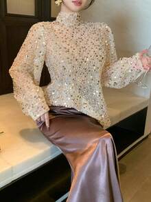 DAZY 女士优雅亮片领衬衫，春夏款 - 米色 - 查看 10