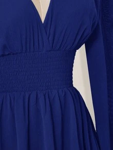 SHEIN ICON 女士纯色褶皱喇叭袖收腰休闲迷你连衣裙 - 藍色 - 查看 7