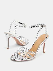 Glitzique Women Rhinestone Decor Stiletto Heeled Ankle Strap Sandals, Party Glamorous Silver Solid Outdoor PVC Heeled Sandals Valentines - Silver - View 9