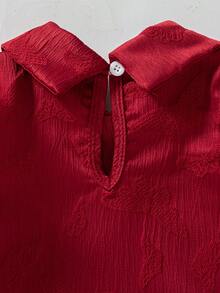 SHEIN 女童夏季新款宽松翻领水钻花卉设计短袖网纱后背直筒连衣裙，简约时尚优雅公主风 - 酒紅色 - 查看 6