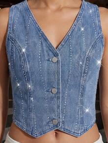 SHEIN BAE Women's Rhinestone Embellished Single-Breasted Casual Denim Vest Jacket - Blue - View 5