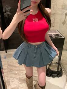 DAZY Chân váy ngắn xếp ly cạp thấp dành cho nữ, chân váy chữ A bằng denim thanh lịch, phong cách thường ngày. - Rửa trung bình - Xem 4