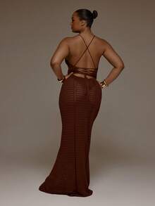 MUSERA 加大码钩针编织露背修身长裙，春夏可爱优雅约会之夜度假性感女神 - 咖啡棕 - 查看 2