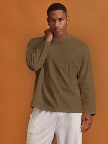 Musero Men Oversized Crewneck Long Sleeve Basic Plain T-Shirt Capsule Wardrobe Layering Autumn Winter - Brown - View 4