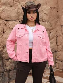SHEIN ICON Plus Size Casual Solid Color Distressed Denim Jacket - Pink - View 1