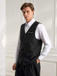 Officeau 男士条纹商务休闲马甲，Old Money - 黑色 - 查看 5