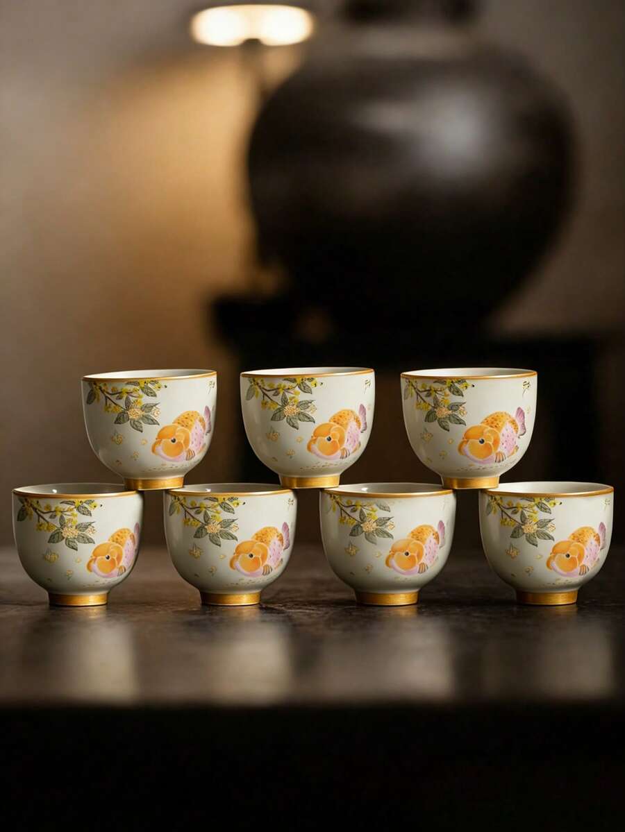 Bộ 1/2/6 tách trà gốm sứ tro cỏ, tách trà đen họa tiết cá chép, tách trà Gongfu, tách nếm trà, tách trà dùng trong gia đình và tiếp khách. - Nhiều màu - Xem 1