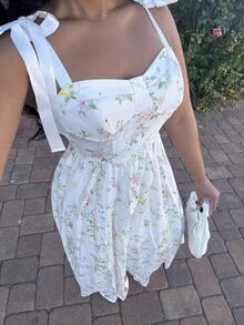 Alexandranx 浪漫印花肩带系带女士夏季连衣裙 - 彩色 - 查看 5