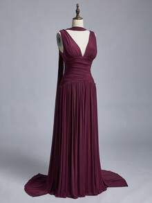 Elitara Elitara Elegant Burgundy Glossy Mesh V-Neck Ruched Super Flared A-Line Skirt (Detachable Hanging Chiffon Piece), Suitable For Dates, Singles Parties, Weddings, Events, Bridesmaid Dresses - Maroon - View 15