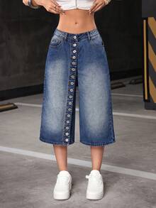 Jeanoix 女士口袋纽扣休闲百搭日常穿着阔腿牛仔裤 - 藍色 - 查看 4