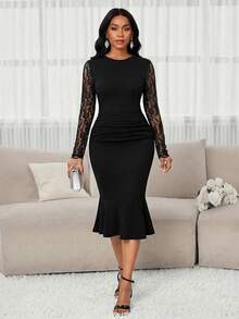 SHEIN Lady Đầm dài tay cổ tròn phối ren tương phản, dáng đuôi cá, thanh lịch dành cho nữ. - màu đen - Xem 5