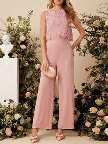 Amorya 2pcs/Set Women Regular Pink Lace Blouse + Maxi Jumpsuit - Pink - View 3