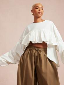 Vixey 纯色梭织褶皱高低摆荷叶边上衣 - 白色 - 查看 3