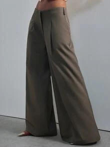 Hauture Women's Fashionable Solid Color Mid-Rise Wide Leg Pants, Old Money Aesthetic, Autumn Office Work Outfits, Elegant, Brunch Olive Green - Dark Grey - View 5