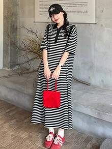 DAZY 女士翻领条纹韩版休闲长裙，夏季防晒连衣裙 - 藍色 - 查看 1