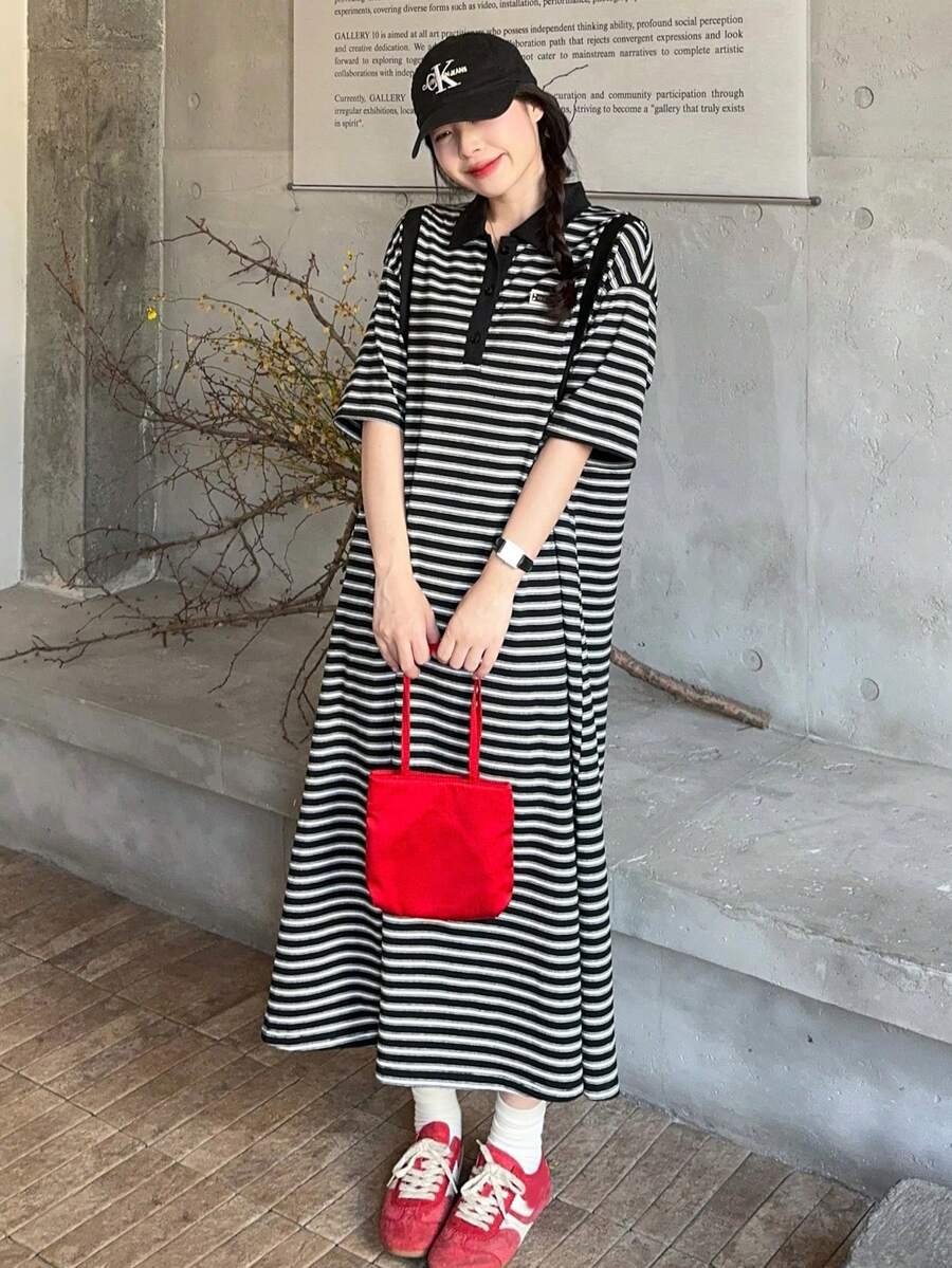 DAZY 女士翻领条纹韩版休闲长裙,夏季防晒连衣裙 - 藍色 - 查看 1