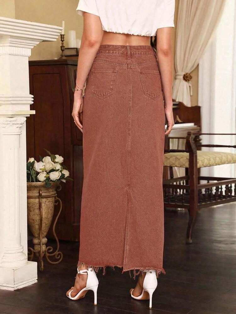 EMERY ROSE 女士休闲百搭约会旅行牛仔裙，带口袋 - 咖啡棕 - 查看 2