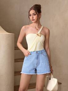 Selenza 女士优雅派对水钻珍珠装饰牛仔短裤，夏季 - 淺色水洗藍 - 查看 6