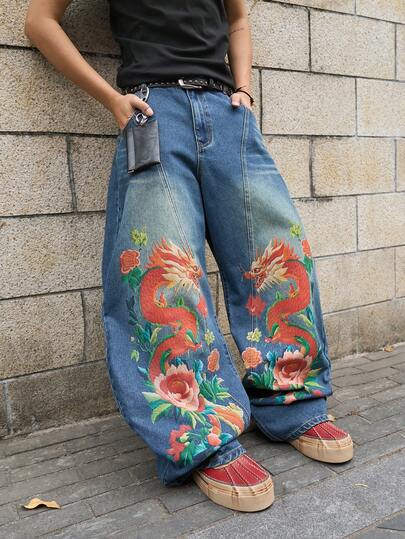 Manfinity Denimwave Calças masculinas de jeans com estampa e pernas largas