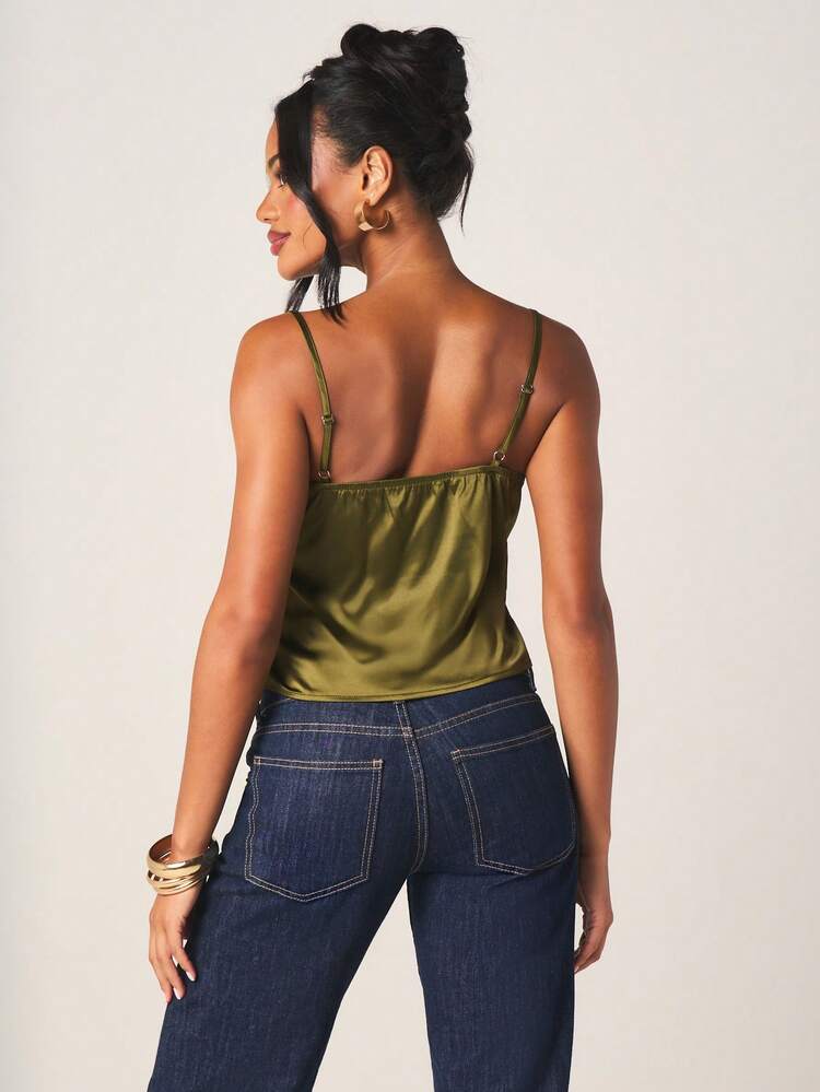 MISSGUIDED Women's Olive Green Silk Satin Camisole With Lace Trim Detail Sleeveless Elegant Evening Summer Tank Top