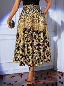 SHEIN Lady Women's Fashion Party Banquet Sequin Leopard Print Tie Waist Umbrella Hem Skirt - Multicolor - View 3