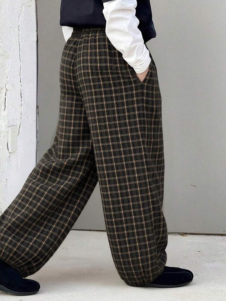 Tween Boy Plaid Pocket Casual Versatile Daily Wear Wide Leg Pants