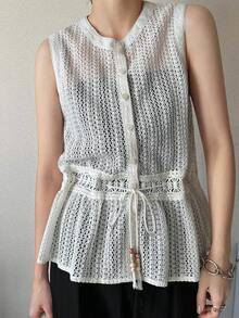 FRIFUL Women's Summer Casual Solid Color Hollow Out Knit Sleeveless Front Button Top - Apricot - View 7