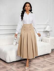 SHEIN Lady 女士双排扣褶裥优雅卡其色半身裙 - 卡其色 - 查看 4