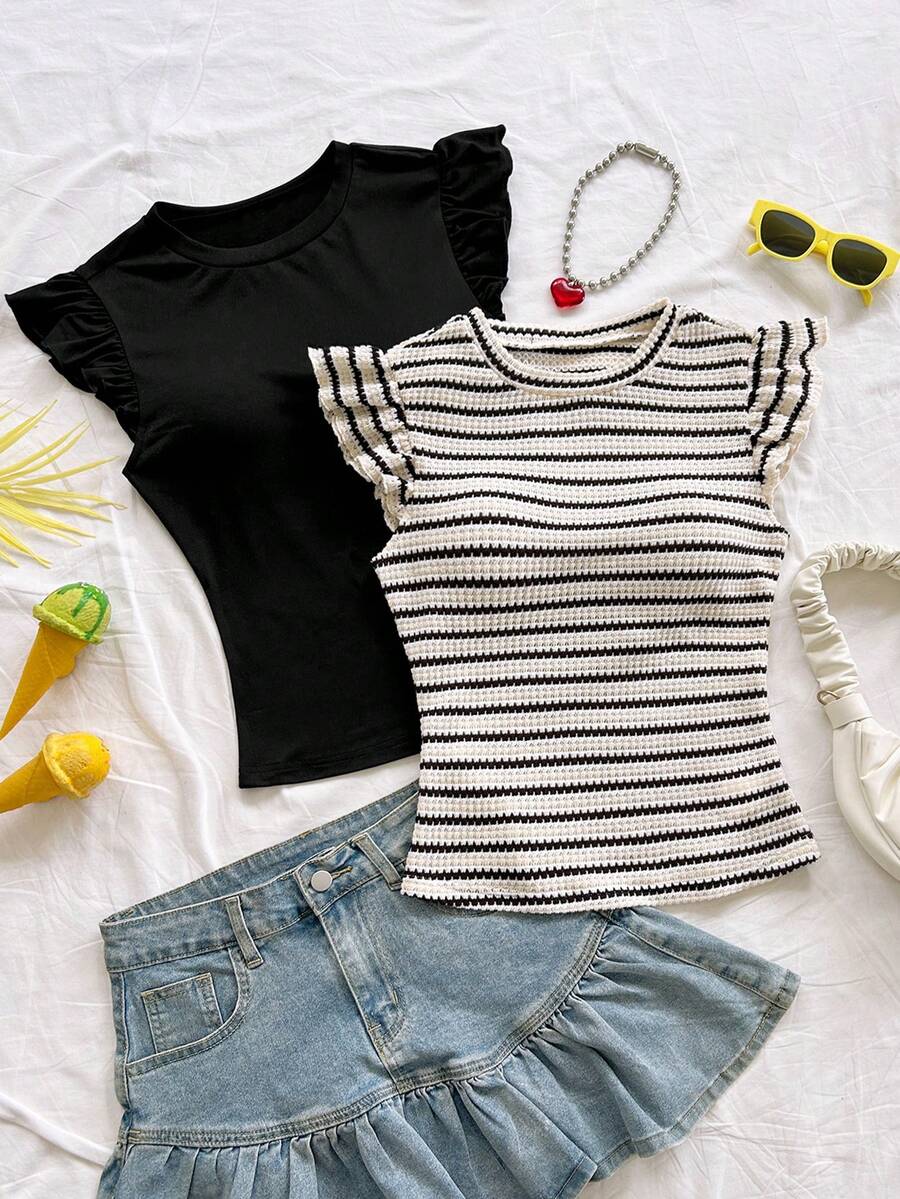 Soleia Camiseta ajustada de mujer de cuello redondo y manga corta, casual de verano - Multicolor - Ver 1