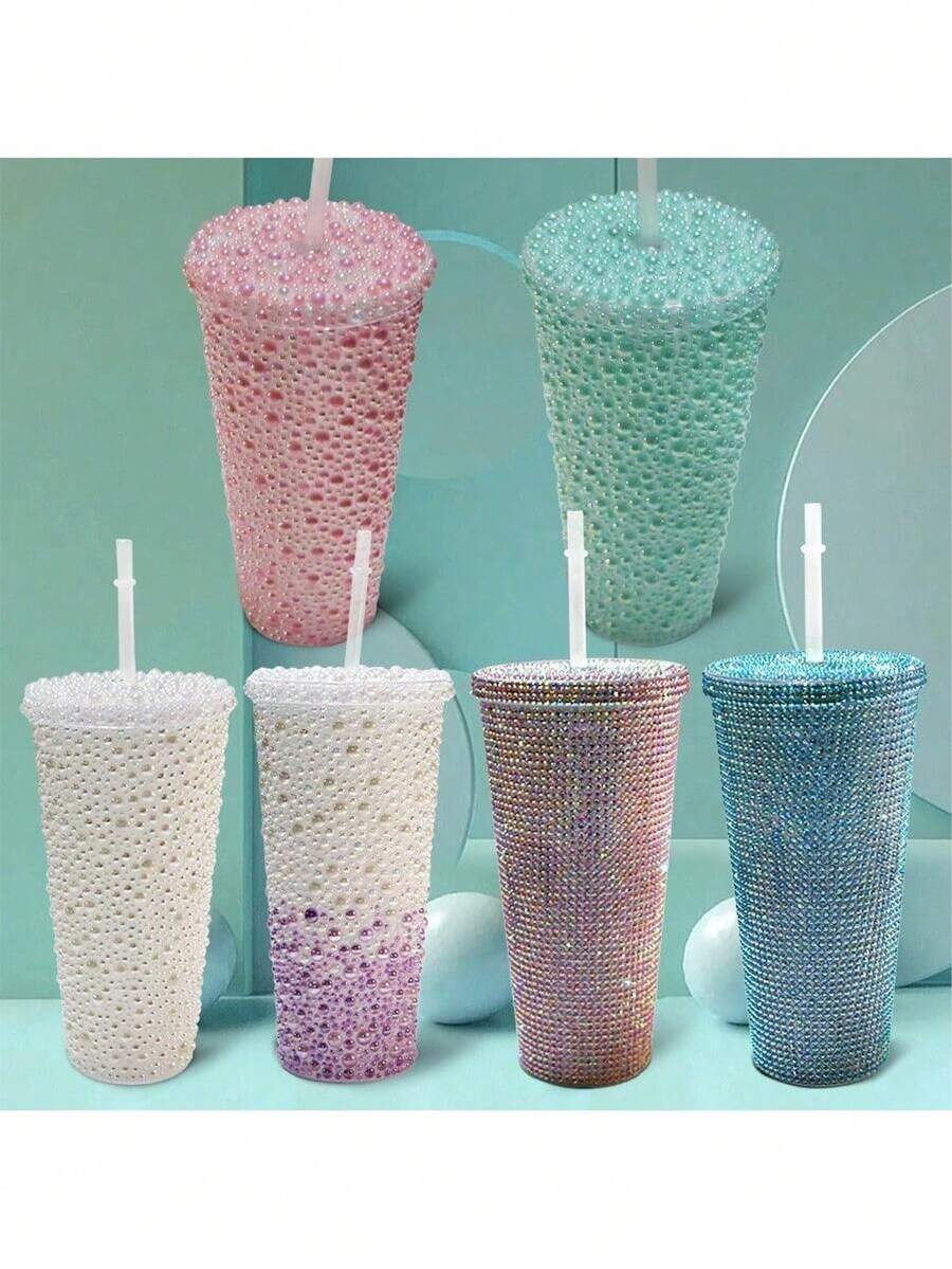 A Handcrafted 650ml Diamond-Studded Mug, Made With Double-Walled PS Plastic Straws, A Large-Capacity Creative 650ml Gemstone Diamond Mug, Handheld, Portable Pearl Mug [5 Styles Available] - Multicolor - View 1