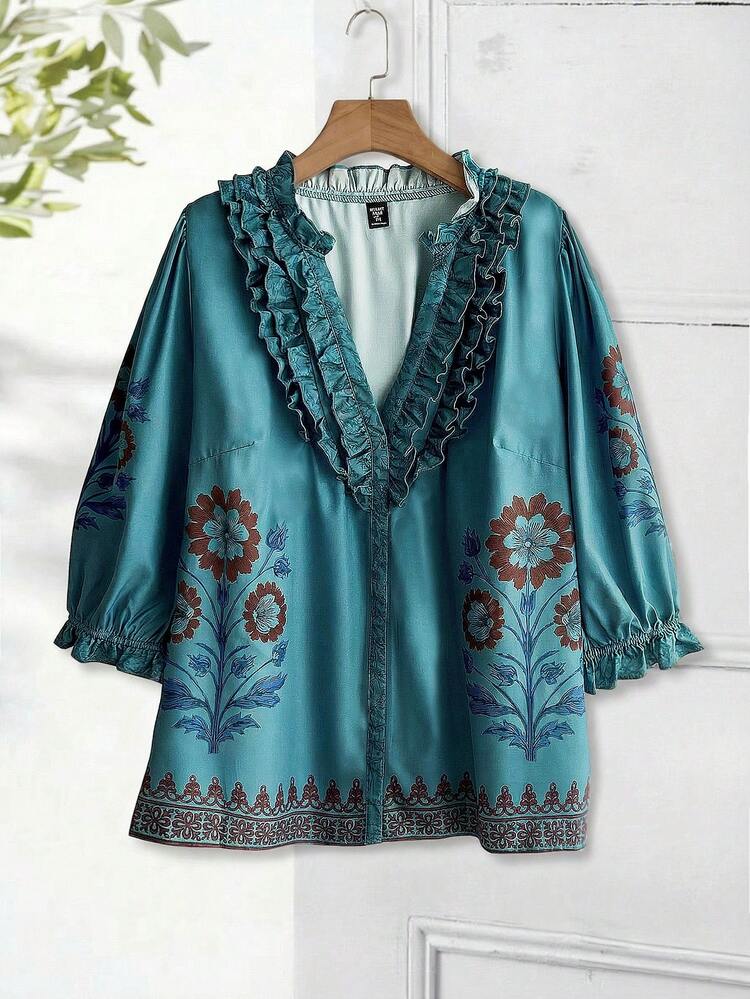 Plus Size Women's Summer Casual Vacation Country Petal Sleeve Frill Trim Blue Floral Print  Flowers  Blue  Short Sleeve Blouse Top Shirt,Summer\Vacation,Summer Holiday,Spring Break Outfits ,Vacation Outfits Women ,Holiday Outfits For Women,Going Out Outfits,2026 New Clothes,Simple And Fashionable For EFloral Print  Flowers Vveryday Wear,Suitable For Summer, Vacation, Daily Wear