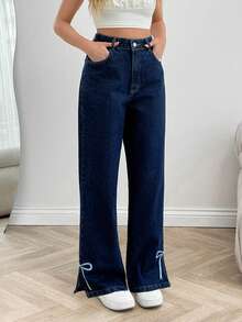 EURMUSE High Waist Regular Fit Casual Style Side Split Hem Detailed Dark Blue Raw Wash Button Front Straight Jean - Dark Wash - View 3