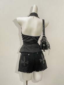 Jeanoix Camisa de mujer con diseño de botones, abertura lateral y estampado de rayas - Multicolor - Ver 2