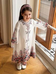 Dazy Kids Young Girl Floral Print Casual Long Sleeve Dress For Party & Outing - White - View 1